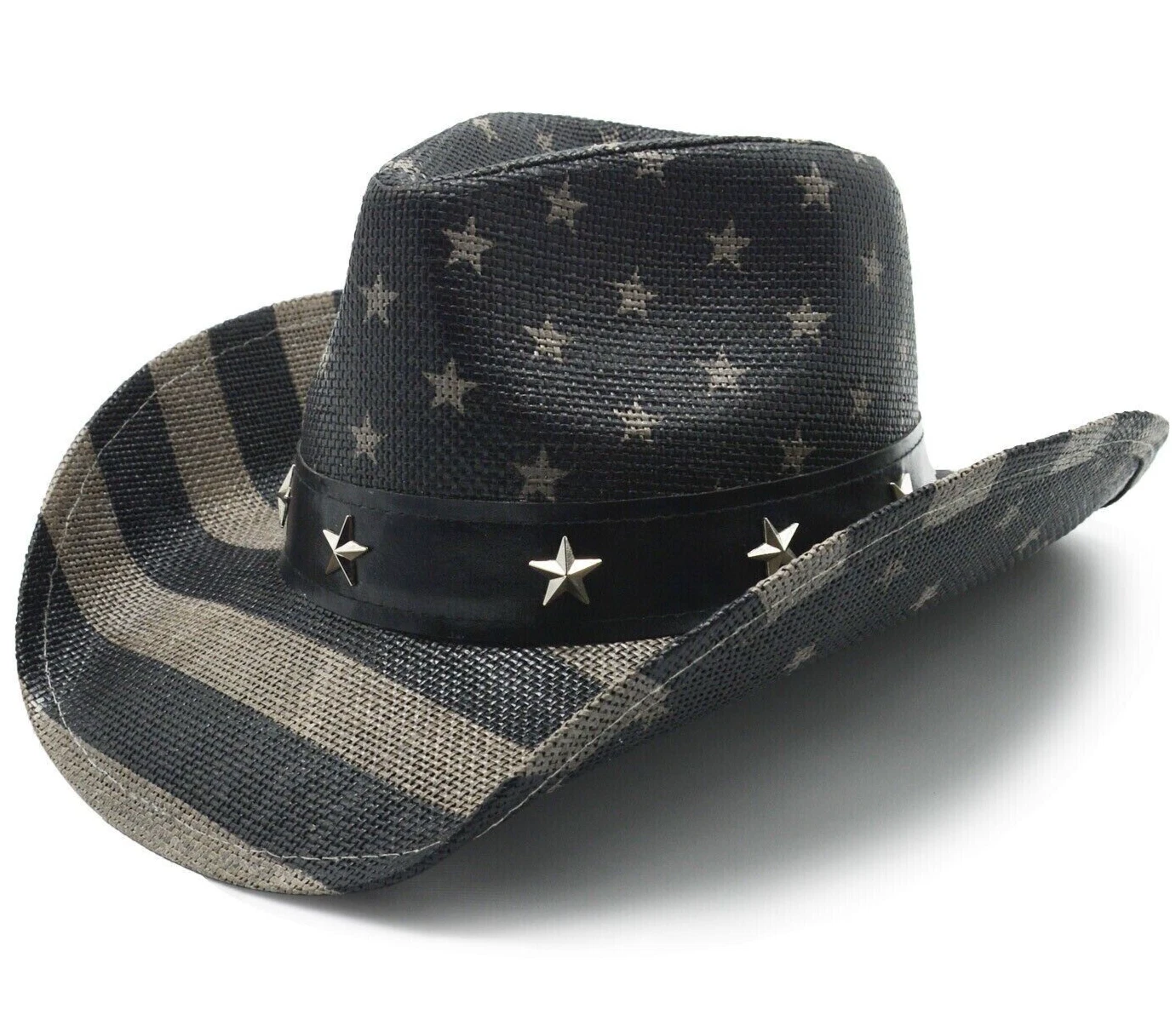 Mens American Flag Cowboy Hat, Black & White Western USA Shape-It Brim