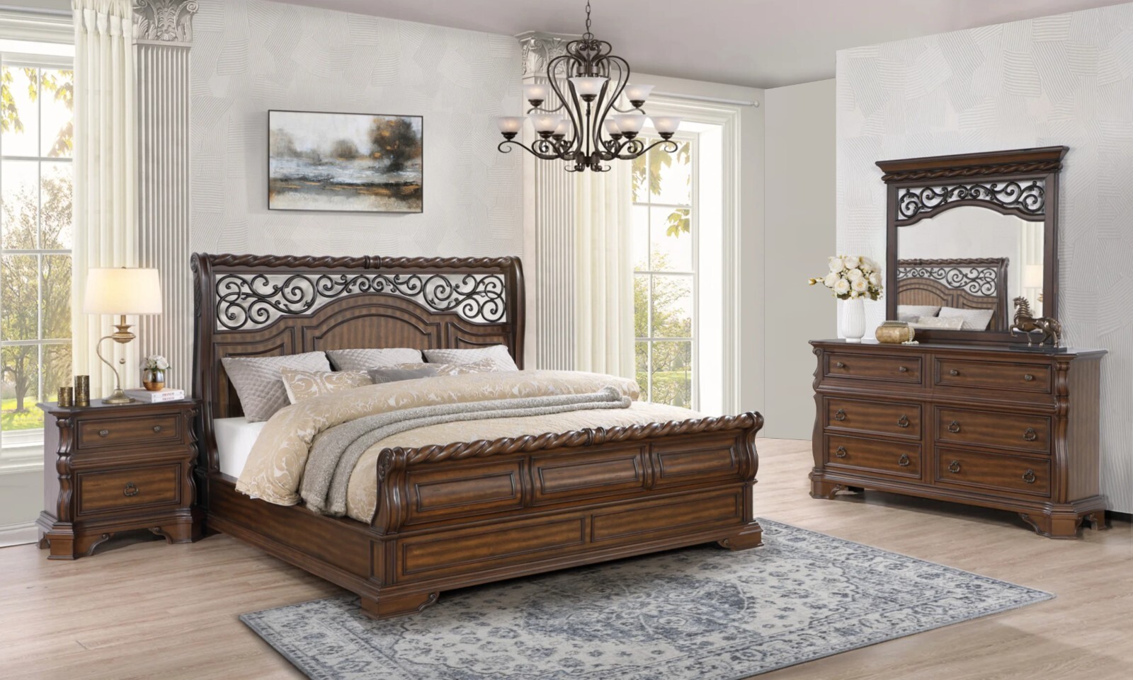 NEW Queen King 4PC Walnut Brown Classic Sleigh Bedroom Set Traditional B/D/M/N