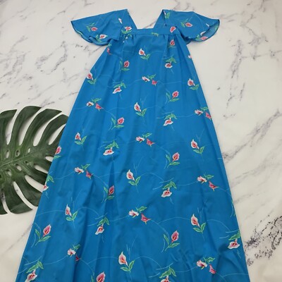 Hookano Womens Vintage 80s Hawaiian Maxi Dress Size 16 Blue Pink Calla Lily 