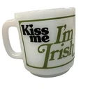 Vintage Glasbake Milk Glass Mug “Kiss Me I'm Irish” MCM 1960’s Great Gift