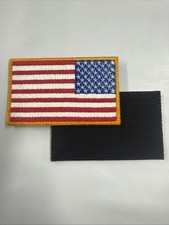 American Flag Embroidered Patch Gold Border , Reversed, USA Made W/Hook & Loop