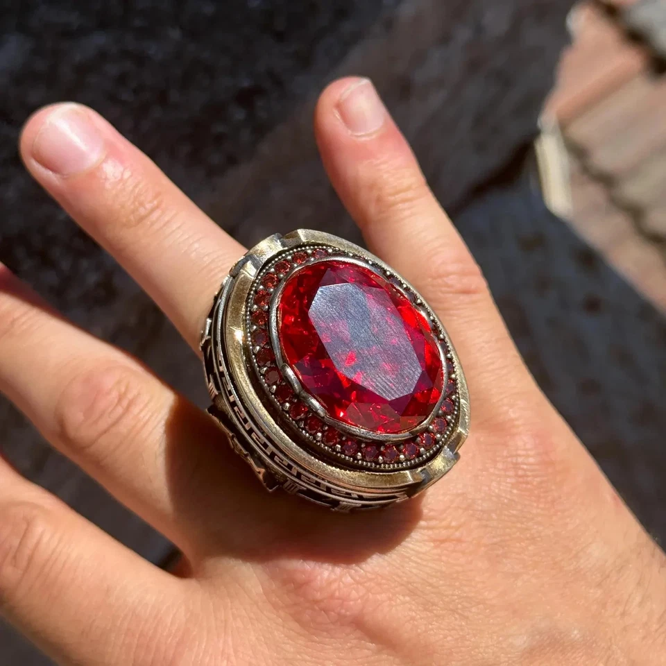 Anillo grande de piedra rubí hecho a mano para hombre hecho a mano estilo otomano anillo para hombre Foto 4 de 4