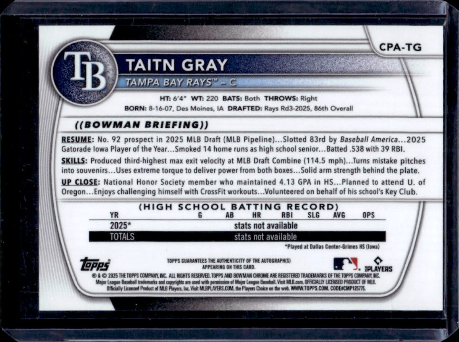 2025 Bowman Draft Taitn Gray Chrome Auto Aqua Lava Refractor 1st #/199 Rays view 2