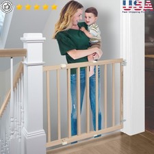 Wood Child Safety Gate Extra Wide Stairway Swing One-Hand Operation 28-42in New