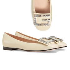 GUCCI SHOES MADELYN FLATS CRYSTAL G BUCKLE WHITE LEATHER $980 IT 38 US 8