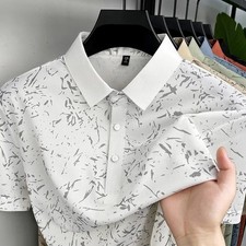 Men Classic Polo Shirt With Printed Pattern Short Sleeve Tops For Everyday Use A