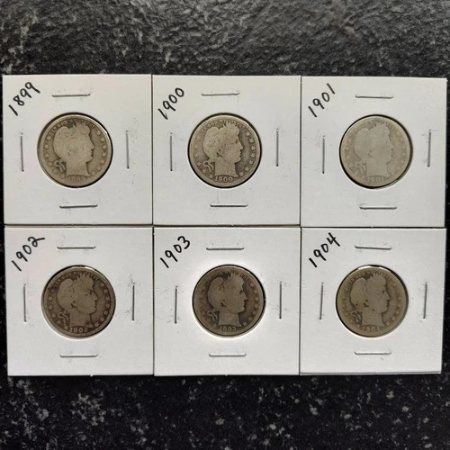 Barber Liberty Head Quarters 90% Silver (Lot of 6) 25c Coins 1899 through 1904