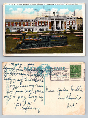 Winnipeg C.P.R. Station Engine Number 1 Countess of Dufferin Postcard 1926