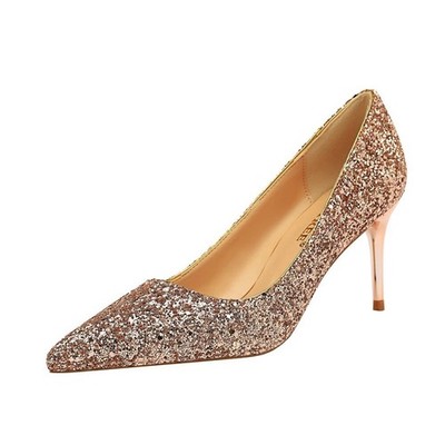Bigtree Women's US 9 Champagne Glitter Mid Stiletto Heel Pointed Toe Pumps Slip