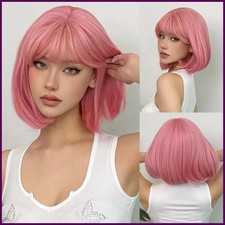 Short Straight Bob Synthetic Wigs Pink Natural Hair Wig with Bangs for Women