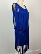 Latin Pro-Am Competition Ballroom Blue Fringe Dress w/ Sequence Waistband SMALL