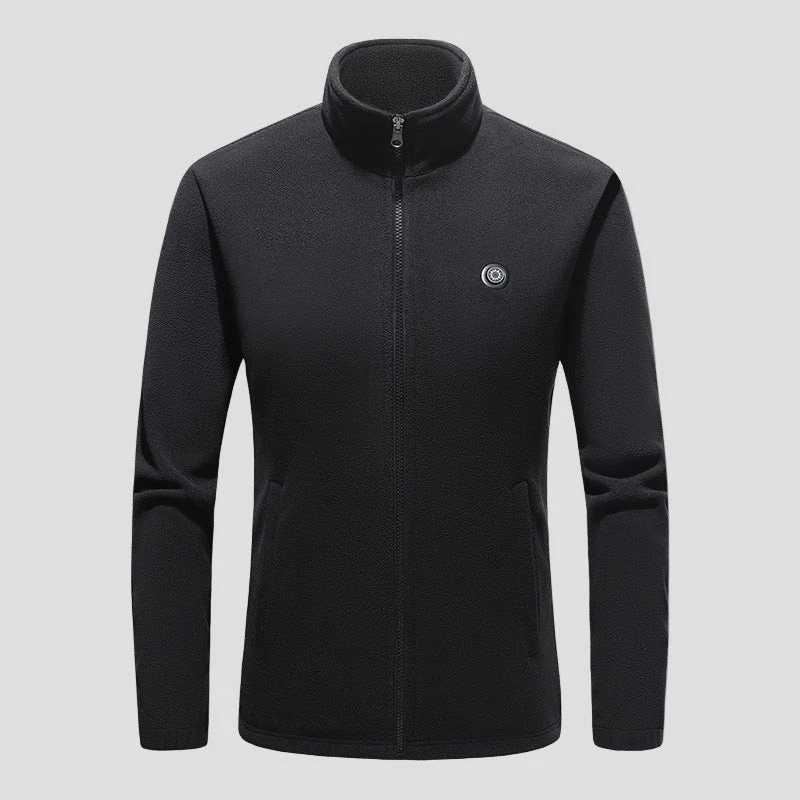 Black Heated Fleece Jacket Zip Up Winter Windproof Thermal Outdoor Hiking