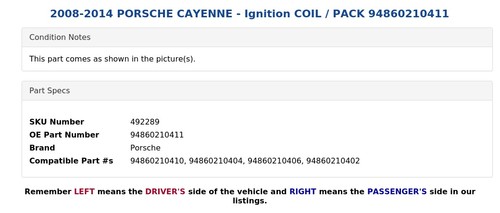 2008-2014 PORSCHE CAYENNE - Ignition COIL / PACK 94860210411 - Picture 4 of 5