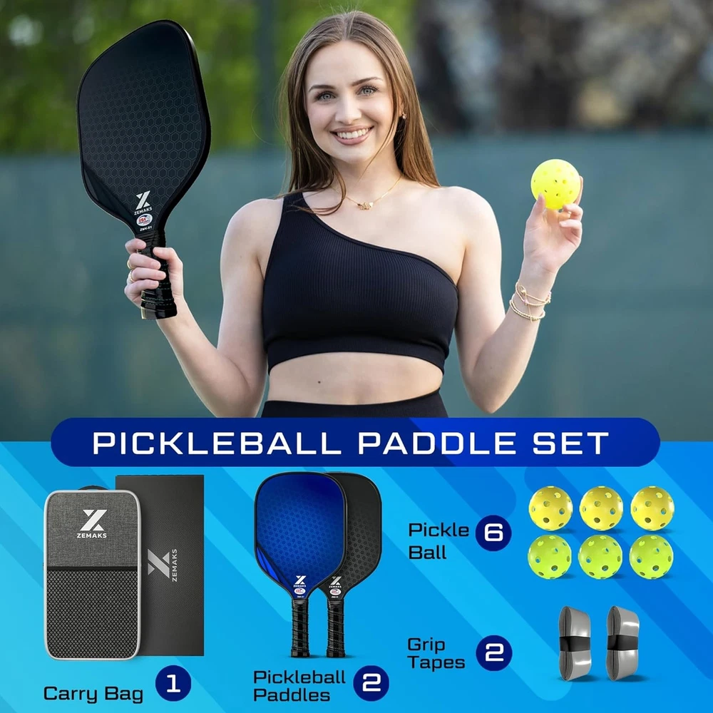 USAPA Approved Pickleball Paddle Set with Carbon Fiber Core, Balls & Bag