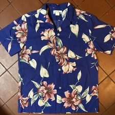Vintage 70  s Penneys Hawaii Blue Flower Floral Print Cotton Aloha Shirt Size M