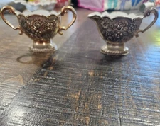 Vintage Silver Overlay And Porcelain Open Creamer & Sugar Set w Floral Design