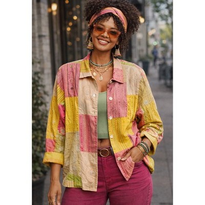 April Cornell Patchwork button up shirt Jacket Women M Pink Art to Wear.   G