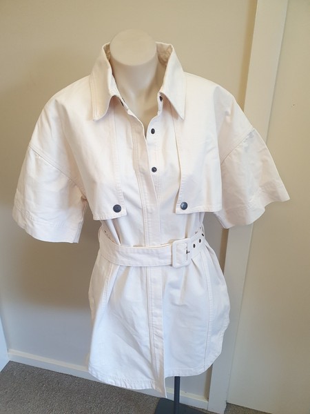 Shona Joy size S M ivory cotton MINI Shirt DRESS short Sleeve denim feel ecru