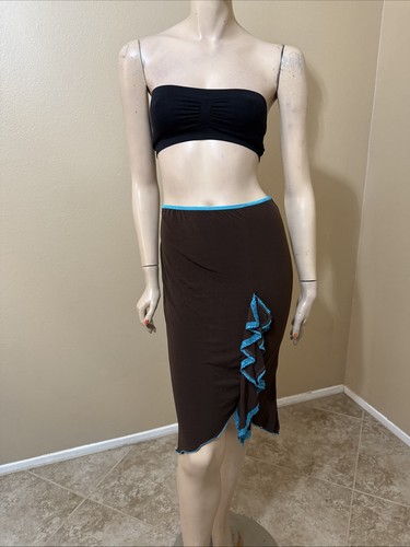 Women’s Brown Blue Polyester Casual Summer Stretch Slim Asymmetric Size M Skirt - Picture 2 of 20