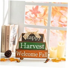 glitzhome Wooden Table Sign with Sayings Farmhouse Welcome Fall Happy Harvest