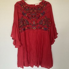 Umgee Red Gauzy Embroidered Dress Flowy Bell Sleeves 1XL Boho