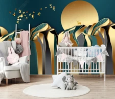 3D Abstract Gold Mountain Bird Sun Self-adhesive Removeable Wallpaper Wall Mural