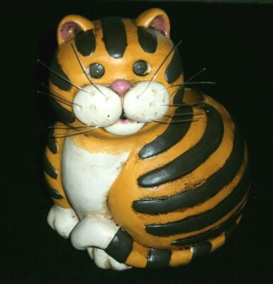 CAT LOVERS Orange STRIPED Tabby CAT Taper CANDLE HOLDER / FOLKSY Fat CAT w/ TAIL