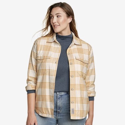 Eddie Bauer Womens Flannel Lined PLAID SHIRT JACKET coat SHACKET L or XL  TALL