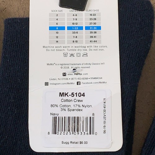 Memoi Youth Shoe Size 1-2.5 Navy Cotton Crew Socks MK-5104 3 Pair NWT - Picture 4 of 4