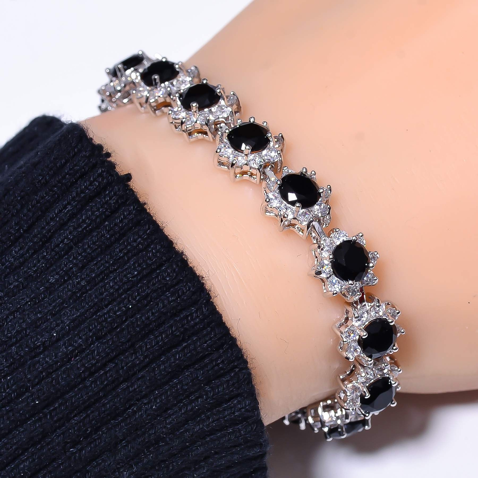 Black Onyx & Cubic Zirconia 925 Sterling Silver Tennis Bracelet 7.99