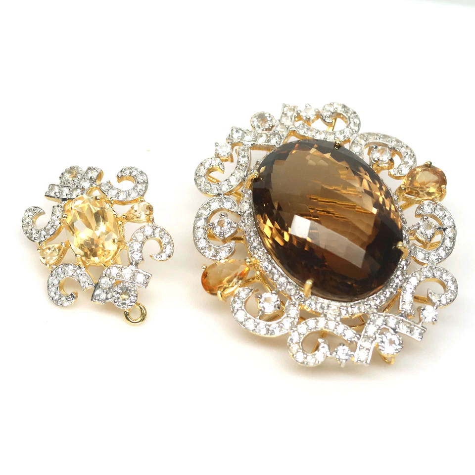 Natural 24 X 34 mm. Broche Topacio Circón Citrino Cuarzo Ahumado Plata 925 Foto 4 de 4