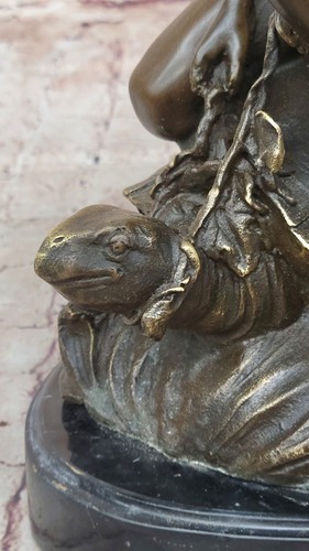Bronze Boy on Sea Turtle Nautical Collectible Sculpture Marble Base Figurine NR - Picture 9 of 10