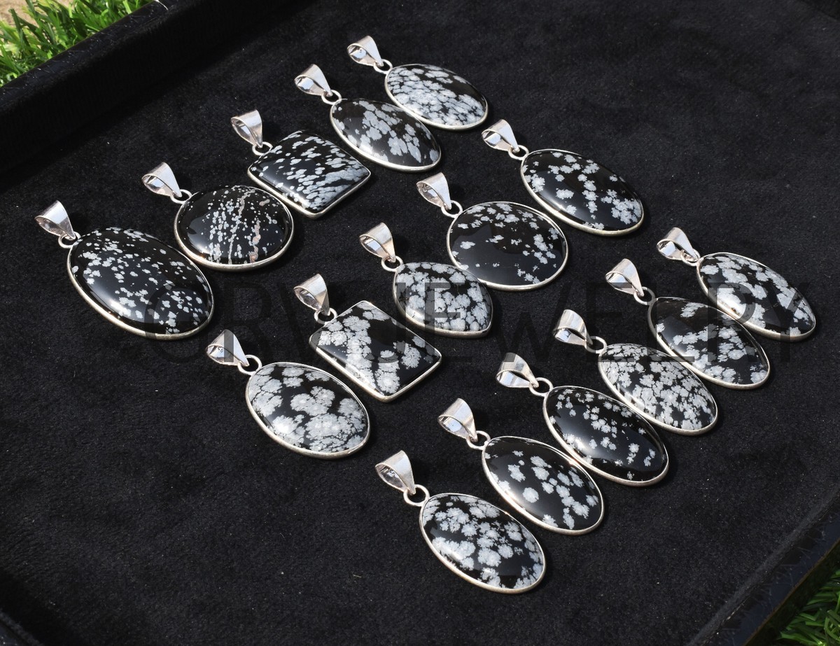 1000pcs Snow Flake Obsidian Gemstone Bezel Pendants Lot 925 Silver