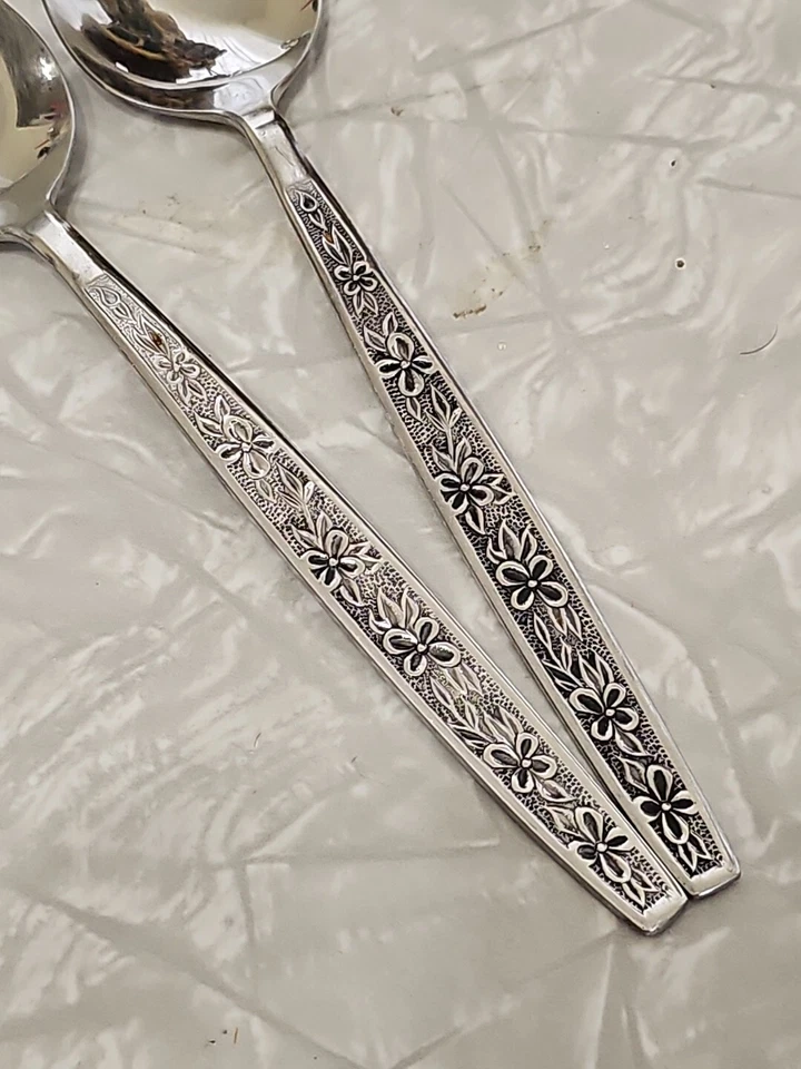 Rogers Stainless La Spana Soup Spoons 7" floral MCM flatware Stanley Roberts (2) - Image 3 of 4