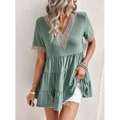 Women Tunic Tops Loose Shirts V-Neck Ruffle Sleeve Blouses Babydoll Tops T-Shirt - Picture 4 of 24