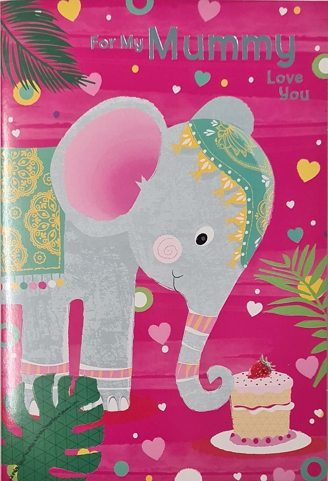 Happy Birthday Card For My Mummy Love You Cute Elephant with Cake Silver Foil