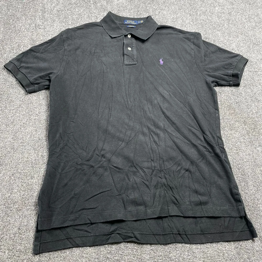 Men's Black T-Shirt Classic Fit Short Sleeve Collared Button Closure Size L
