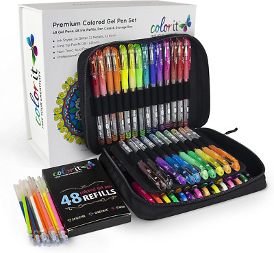 Colorit Glitter Gel Pens for Adult Coloring Books 96 Pack - 48 Premium Quality G