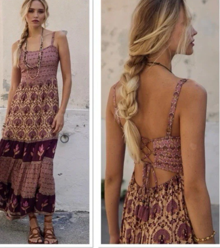Spell Chateau Quilted Strappy Dress XL Brown Floral Aline Maxi Aline Boho