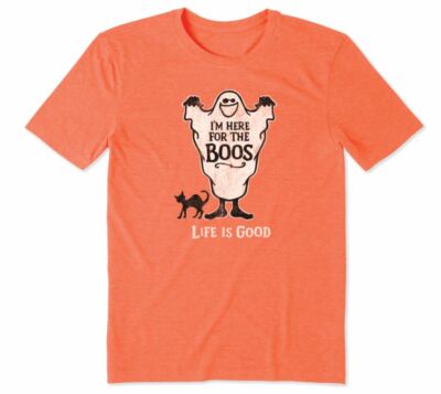 Life Is Good Halloween T-Shirt Men's Small ''Here for Boos'' Cool Tee Orange Ghost