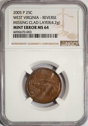 2005 NGC MS64 Struck On 4.2g Defective Planchet West Virginia Quarter Mint Error - Picture 3 of 4