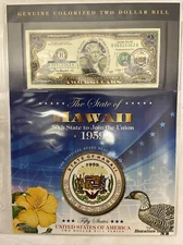 Genuine Colorized $2 Dollar Bill The State of Hawaii