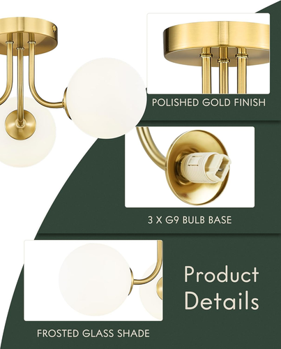 3-Light Gold Semi Flush Mount Ceiling Light, Frosted Glass Globe Ceiling Light w - Picture 3 of 8