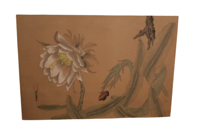 Peinture sur Soie Asiatique Antique "Papillon Fleuri" - Photo 1/4