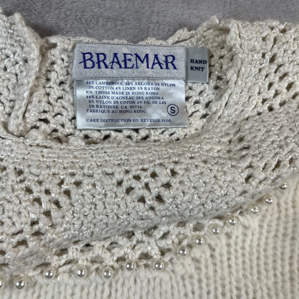 Suéter Braemar Tejido a Mano Mezcla de Lana de Cordero Marfil Pequeño Crochet Perla GrannyCore Foto 3 de 4