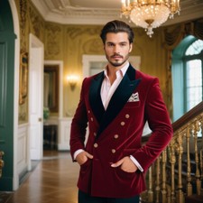 Men's Designer Velvet Tuxedo Jacket Slim Burgundy Double Breasted Blazer Wedding