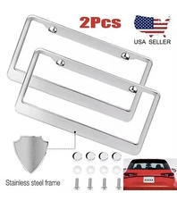 2Pcs Chrome Stainless Steel Metal License Plate Frame Tag Cover With Screw Caps