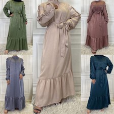 Satin Abaya Women Long Sleeve Maxi Dress Muslim Kaftan Robe Loose Caftan Gown