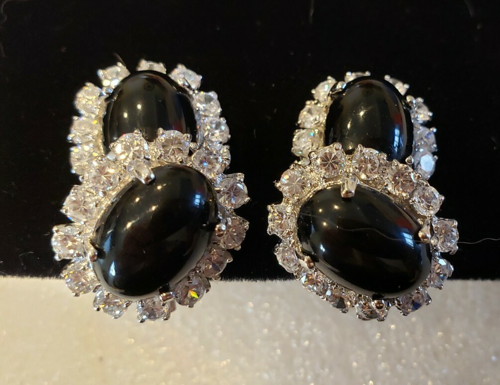 VINTAGE JARIN KASI COUTURE CLIP ON EARRINGS ONYX CZ'S
