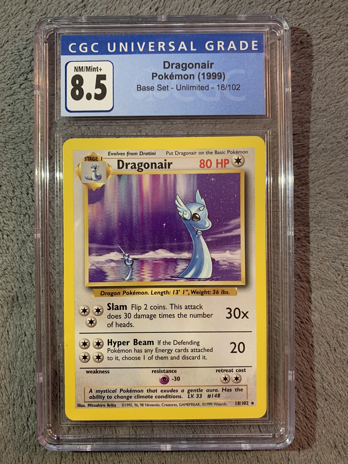 1999 Pokemon Dragonair 18/102 Base Set Unlimited CGC 8.5 (PSA BGS) NM/MINT+
